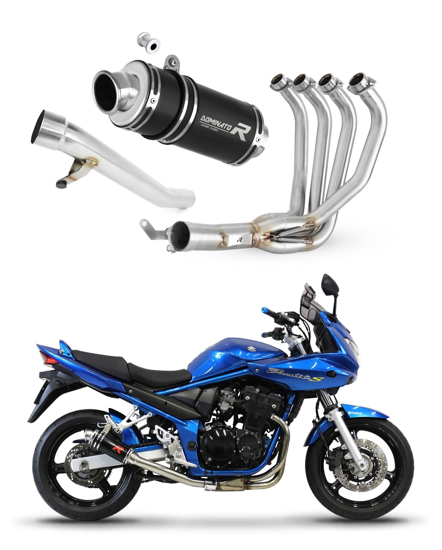 Suzuki GSF 650 BANDIT N / S 2005 - 2006 Full Exhaust System Collector Silencer GP1 BLACK + dB killer medium 20 m. - Dominator motociklo duslintuvas